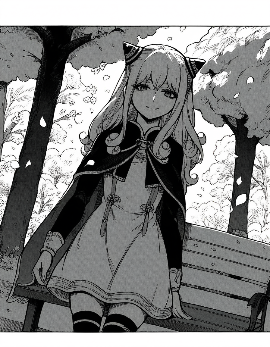 score_9, score_8_up, score_7_up, source_anime, <lora:ashe-talton-manga-ponyxl-lora-nochekaiser:1>, rengoku ashe, long hair, greyscale, monochrome,, thighhighs, long sleeves, capelet, cape, dress, white dress,, park, cherry blossoms, bench, gentle breeze, peaceful, smile, looking at viewer, solo,, cowboy shot, dutch angle