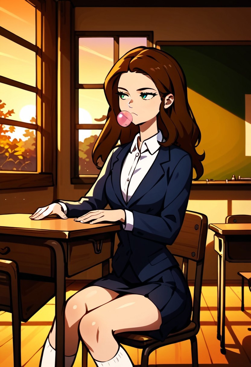 score_9, score_8_up, score_7_up, score_6_up, score_5_up, source_anime, Expressiveh
SBAbigail, 1girl, brown hair, long hair, green eyes, formal. very dark desaturated blue jacket, white collared shirt, very dark grayish blue skirt, white socks, black shoes
classroom, chair, sitting on chair, behind desk, desks, sitting, legs together,  chalkboard, windows, sunset, sun, sky, forests, indoors, detailed background, orange sky
pink bubblegum, blowing bubblegum, (bored:1.2) leaning on desk, (((elbows on desks))) looking away