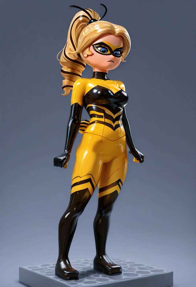 masterpiece, best quality, amazing quality, very aesthetic, absurdres, 1girl, solo, lego minifig, imtdqueenbee, blonde hair, blue eyes, two-tone ponytail, multicolored hair, long hair, drill hair, medium breast, bodysuit, domino mask, mask, superhero, elbow gloves, gloves, yellow bodysuit, skin tight