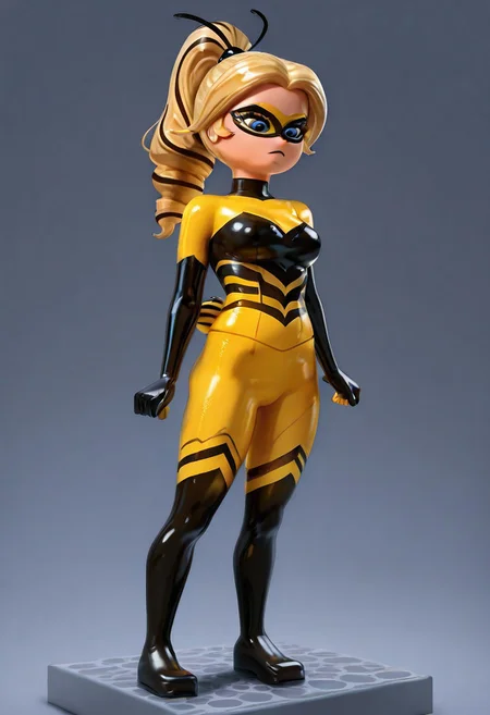 masterpiece, best quality, amazing quality, very aesthetic, absurdres, 1girl, solo, lego minifig, imtdqueenbee, blonde hair, blue eyes, two-tone ponytail, multicolored hair, long hair, drill hair, medium breast, bodysuit, domino mask, mask, superhero, elbow gloves, gloves, yellow bodysuit, skin tight