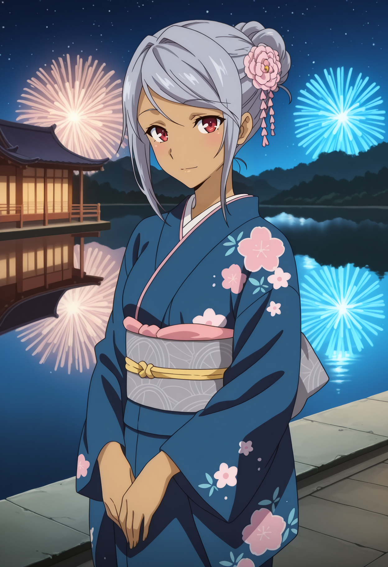 anime screencap, masterpiece, best quality,
<lora:HaremTime_DarkskinGirl_IlluXL:0.9>,
1girl, solo, closed mouth, light smile, blush,
dark-skinned female, single hair bun, grey hair, red eyes, kanzashi, hair flower, hair ornament,
floral print kimono, blue kimono, small breasts, grey sash,
standing, looking at viewer, cowboy shot,
night sky, starry sky, night, aerial fireworks, lake, reflection, scenery, east asian architecture