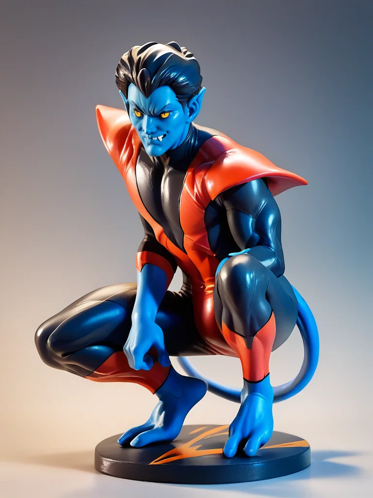 score_9, score_8_up, score_7_up, squatting, full body, dynamic pose, simple background,
<lora:Nightcrawler_character:1>, NightcrawlerXL, 1boy, blue skin, colored skin, black hair, yellow eyes, bright pupils, bodysuit, tail, retro artstyle, fang, demon, <lora:Anime_Figure_P1:0.8> figure