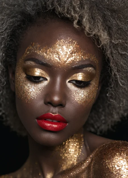 glitterstyle,lipstick, eyeshadow, make-up, highly detailed, dark skin, wild, afro, white, red, gold, silver,black background, dark, strong backlight, upper body,
 <lora:GlitterStyle_sdxl:0.6>