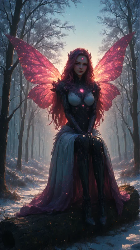 score_9, score_8_up, score_7_up, 8K Ultra Realistic, Jed-dblexpsre effect, double exposure of planets and stars, merged, Jed-dblexpsre, snowy huge spread cyber butterfly wings decorated with snowflakes planets and stars, multicolor dyed hair, very long straight hair, seablue eyes, from below creative angle, cyborg girl, cyborg body details, dark fields of snow and reflecting ice with planets and stars, sitting on a snowy log, (shy smile:0.8)