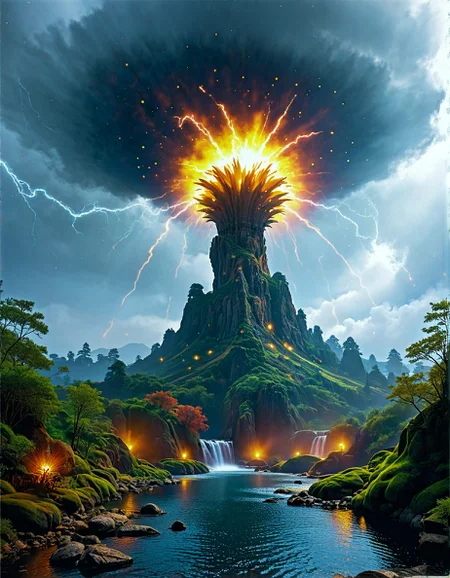 Sci-fi landscape
Dark Forest, Enchanted Grove, Moonlit clearing surrounded by towering ancient trees, thick undergrowth of ferns and moss, fireflies dancing in the air, a gentle breeze rustling through the leaves,
Towering waves, spray obscuring the horizon, Raging sea waves, salty air, distant flashes of lightning ,
Overcast sky Weather,
Fractus clouds clinging to cliffs,
Factory flare stacks painting skies,
Fall foliage color explosions,
River rapid whitewater,
Realm where trees grow from mathematical equations,
Forges hammering comet fragments,
Snowfall assembling origami creatures,
Greg Rutkowski: (magical lighting), (smooth color transitions), (dynamic character details), (epic fantasy scenes) :cite[2]
(masterpiece:1.4), (intricate details:1.4), (hyperrealistic:1.3),(painting:0.9),(ultra detailed:1.4), (8k resolution:1.3), (sharp focus), (dramatic perspective:1.1), (chromatic aberration:0.3), (film grain:0.2),
<lora:JuggerCineXL2:0.3>,
<lora:add-detail-xl:0.3>,
<lora:WildcardX-XL-Detail-Enhancer:0.4>,
<lora:xl_more_art-full_v1:0.7>,
<lora:ClassipeintXL2.1:0.3>,
<lora:Flux-XL_Scenery:0.3> flux-scenery ,
<lora:EnvyDramaticLightingXL01:0.7>
detailxl,