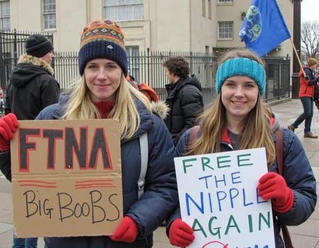 A medium shot of two young women standing outdoors at a protest, holding signs advocating for climate action. Both women, likely of Caucasian descent, are dressed warmly for cold weather, wearing winter hats and gloves. The woman on the left is holding a cardboard sign that reads "FTNA" in bold black and red letters, with smaller text beneath mentioning "BIG BOOBS" She is smiling slightly as she looks at the camera. The woman on the right holds a white sign with blue and green letters that reads "FREE THE NIPPLE AGAIN" and includes a red circle with a slash through "BRA," referring to opposition to the Keystone XL pipeline. She is also smiling, standing close to her friend, and wearing red gloves, a blue headband, and a jacket. Behind them, other protestors are visible, some carrying signs, banners, or flags. A large flag with an image of the Earth is prominently seen to the right. The background includes a fence and some buildings, suggesting that the protest is taking place near a governmental or important public building. The atmosphere appears peaceful but determined, with people gathered in support of climate justice and renewable energy solutions <lora:amateurphoto-v6-forcu:0.8>