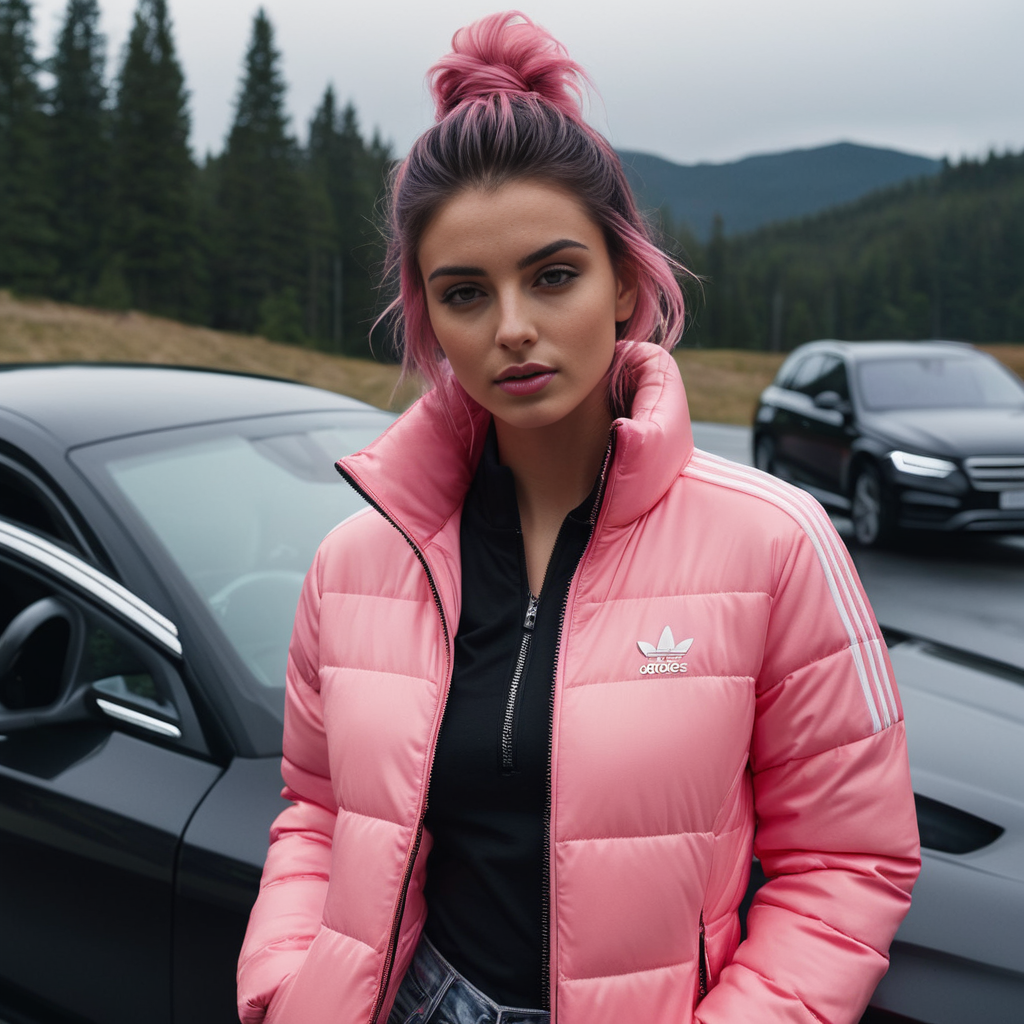 (dark cinematic still, dark vibes) sexy slim skinny one american 25 year old women ,unique, wearing a zipped up  pink adidas_puffer_jacket, unique hair styles, 8k uhd, dslr, high quality, photorealistic, realism, hyperrealism,  ((car scene)),
<lora:adidas_puffer_jacket_v1:0.3>