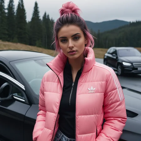 (dark cinematic still, dark vibes) sexy slim skinny one american 25 year old women ,unique, wearing a zipped up pink adidas_puffer_jacket, unique hair styles, 8k uhd, dslr, high quality, photorealistic, realism, hyperrealism, ((car scene)),
<lora:adidas_puffer_jacket_v1:0.3>