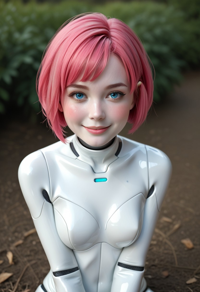 score_4,score_5,score_6,score_7_up,score_8_up,score_9 ((masterpiece,best quality,ultra detailed,highres,HD,4k:1.2)), 
outdoor,
1girl,solo,gir focu,solo focus,face focus,
((android,robot girl,colored skin,white skin,very short hair)),pink hair,bungs,blue eyes,
bodysuit,elbow gloves,thighhighs,thigh boots,
looking at viewer,blush,shy,smile,
looking at viewer,shy,blush,smile, realistic