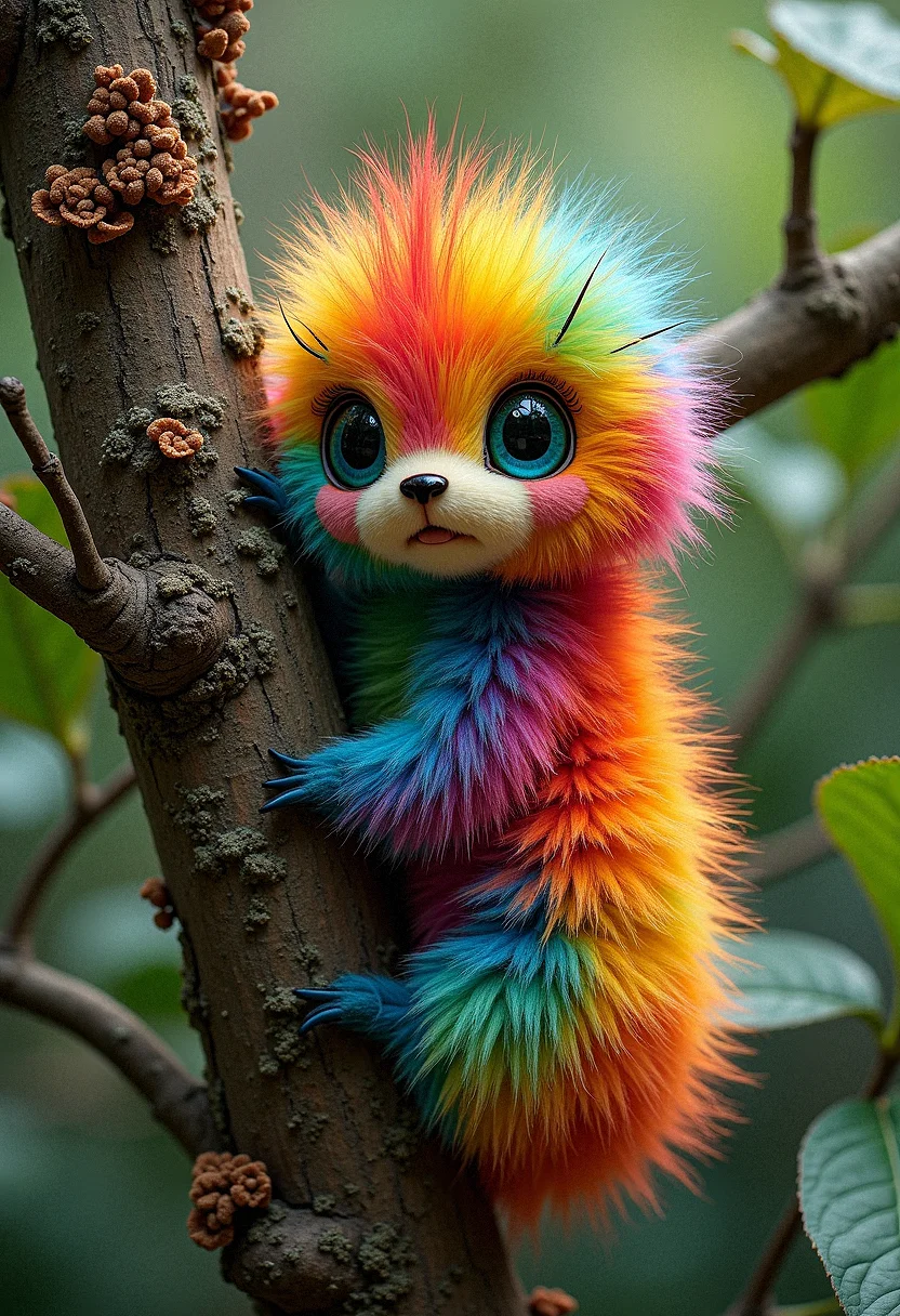 rainbow colored Woollybear caterpillars, very fluffy, very detailed, its eyes are rainbow colored, tree branch, detailed green leaves, a lots of fungus grow on tree branch, a cocoon hanging under the tree branch


