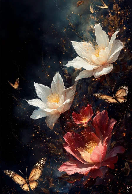 ArsMJStyle, impressionism, Ukiyo-e, A surreal and painterly composition featuring **radiant white flowers** and **dark ethereal butterflies** against a pitch-black background. The flowers exude a sense of purity and holiness. The petals are stained with crimson blood. The butterflies pulse with an otherworldly light, and their wings are traced with intricate patterns.
The atmosphere is enhanced by a dreamy **bokeh effect** that scatters soft glimmers of gold and crimson throughout the composition, creating depth and a sense of quiet wonder. The interplay of **rich white highlights and deep black shadows** evokes an enchanting, almost mystical ambiance. Subtle sparks float in the air, adding a dynamic, surreal quality to the scene.
The overall aesthetic is vivid yet balanced, emphasizing the **contrast between the glowing warmth of the flowers and harshness of the butterflies**. Rendered in **8K ultra-detail**, the textures are hyper-realistic, while the colors glow with an intense vibrancy, embodying an elegant harmony of surreal beauty and luxurious simplicity.