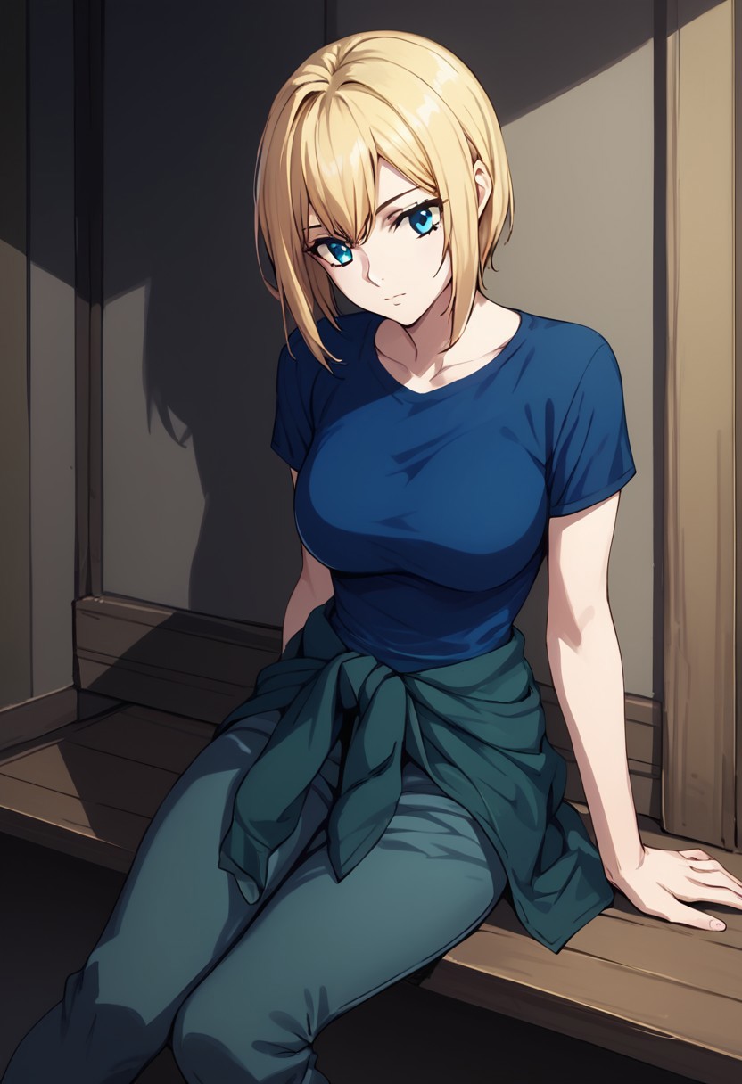 score_9, score_8_up, score_7_up, at room. Indoor,,night view, moonlight,female,louise halevy, blonde hair, blue eyes, blue t-shirt,green shirt around waist,pants,sitting
