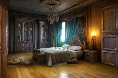 RAW photo, (masterpiece:1.3), subsurface scattering, heavy shadow, (high quality:1.4), (intricate, high detail:1.2), professional photography, HDR, High Dynamic Range, realistic, ultra realistic, photorealistic, high resolution, film photography, ambient lighting, atmospheric effects, <lora:detail_slider_v4:2>, OverallDetail, <lora:HauntedHouse:1>, bed, book, bookshelf, box, candlestand, cup, curtains, dark, door, hauntedhouse, indoors, no humans, scenery, silk, table, window, wooden floor