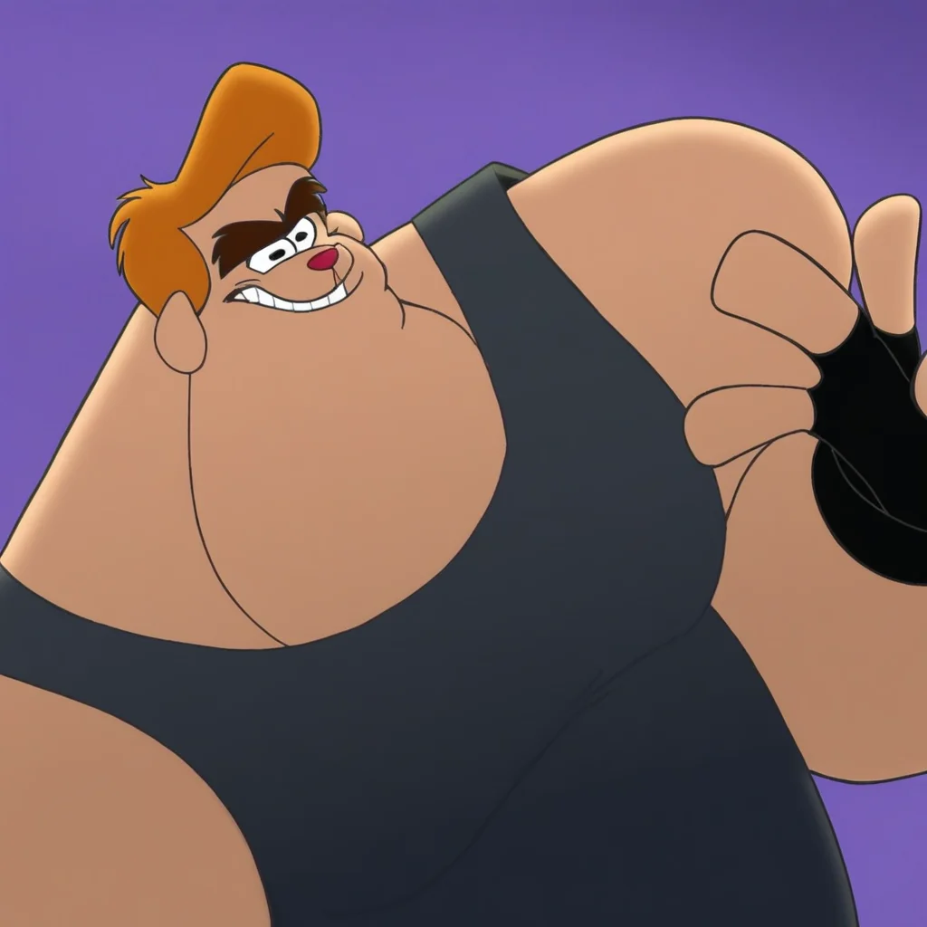 1boy, male, furry, thick eyebrows, fat, orange hair, black tank top, shorts, black eyes, red nose, fingerless gloves, black gloves, muscular cartoon jock, exaggerated upper body muscles, wide chest, narrow waist, confident smirk, thick neck, aggressive athletic pose, 2000s animation style, vibrant colors, sunny college campus background