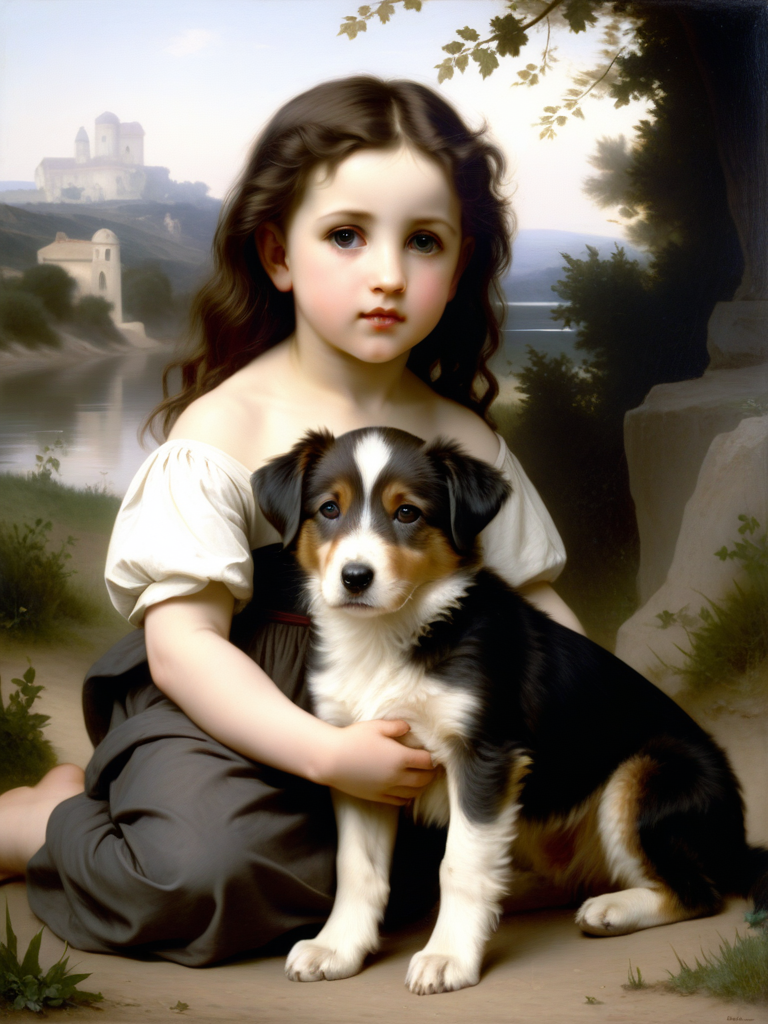 <lora:05ClassicalArt_Hap_XL:1>, William-Adolphe Bouguereau style, dog and Little Tom