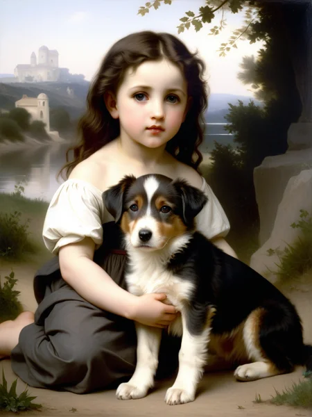 <lora:05ClassicalArt_Hap_XL:1>, William-Adolphe Bouguereau style, dog and Little Tom