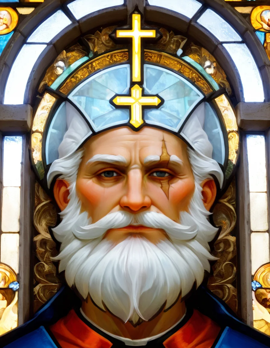 <lora:xlreinhardt-v2:0.8>,reinhardt,One eye is blind,beard,white hair,A pale priest in a church with a beam of light shining right on his face,close-up,looking divine,best quality,intricate details,Front View,