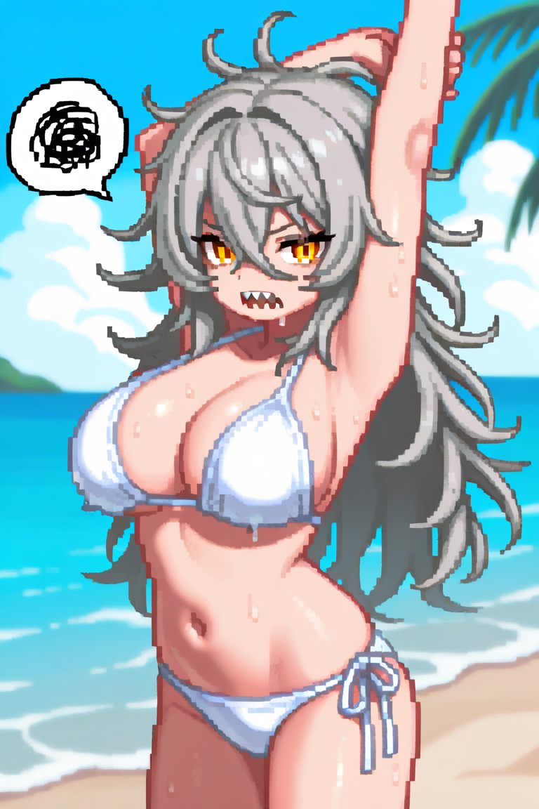 stretching, solo, 1girl, wet, looking at viewer, spoken squiggle, yellow eyes, grey hair, messy hair, hair between eyes, long hair, hair ornament, sharp teeth, white bikini, side-tie bikini bottom, large breasts, outdoors, blue sky, cloud, beach, ocean, palm tree