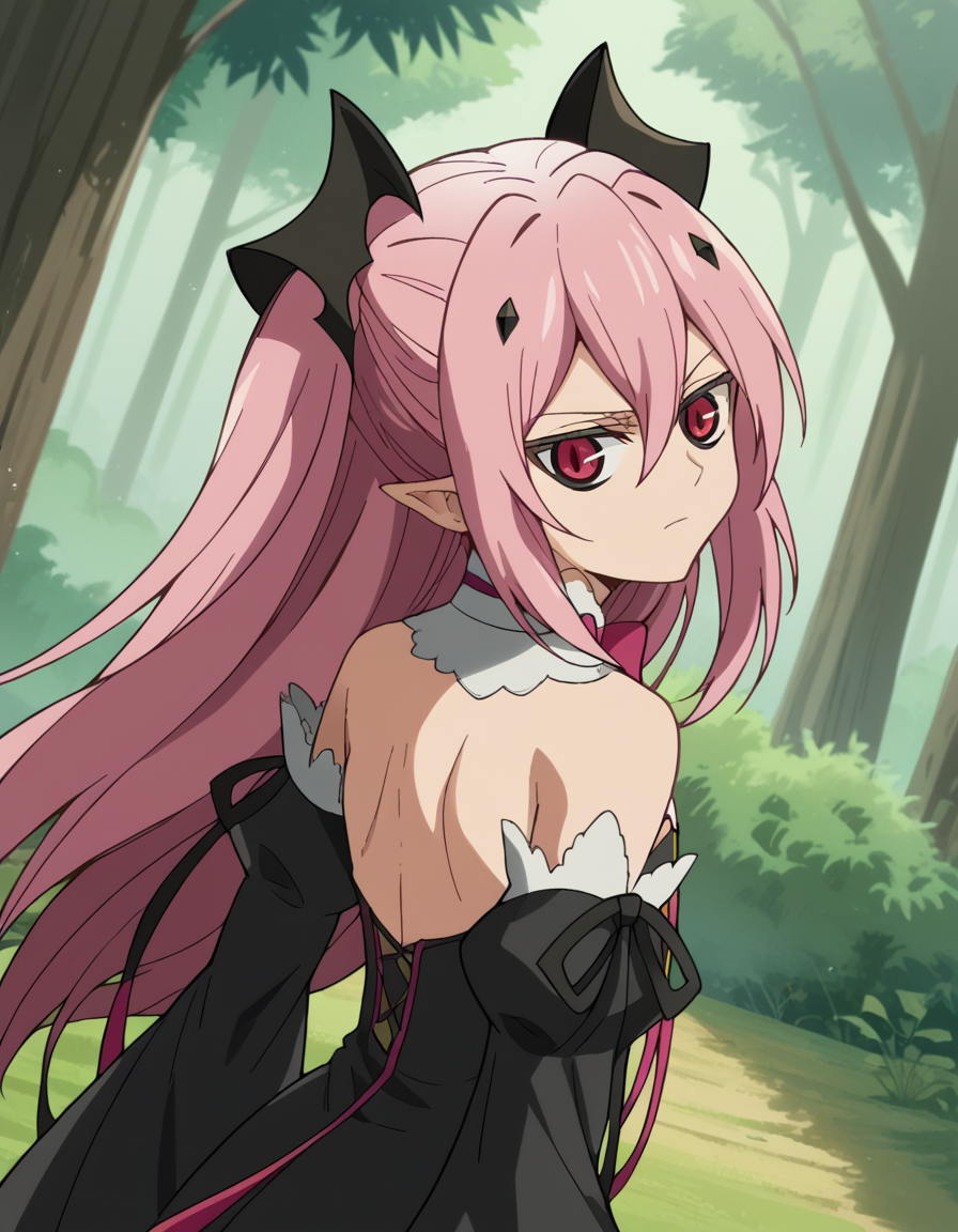 score_9, score_8_up, score_7_up, source_anime, <lora:krul-tepes-s2-ponyxl-lora-nochekaiser:1>, krul tepes, long hair, red eyes, pink hair, pointy ears, hair ornament, anime screencap, dress, bare shoulders, detached sleeves, wide sleeves, detached collar, black dress, bowtie,, forest, trees, foliage, wildlife, greenery, , <lora:shaft-look-ponyxl-lora-nochekaiser:1>, shaft look, looking back, from behind, head tilt,, looking at viewer, solo,, dutch angle, cowboy shot