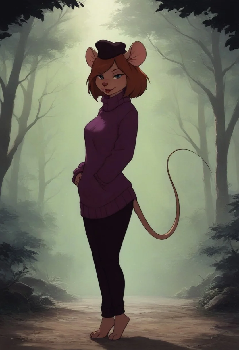 Score 9, Score_8_up, Score_7_up, source furry, (full body in frame:2.0), Desiree, mouse girl, mouse, anthro mouse, in a magical forest, green trees, rays of sunshine, 3/4 side view, seductive look, looking at viewer, purple sweater, black french beret on head, red lipstick lips