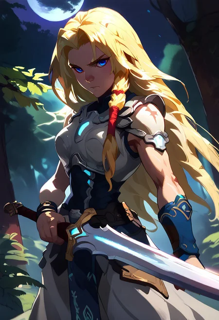 Score_9_up, score_8_up, score_7_up, Expressiveh,torunn, 1girl, long hair, blonde hair, solo, blue eyes,wristband, breastplate,hair tubes,warrior, calm, closed mouth, BREAK hkwarrior, ((holding a sword(broadsword) in hand))), with glowing turquoise blue lighting effects, outdoor,night,full moon, viking architecture,forest, full bodyFOV 90 degrees
knee level shot, looking at viewer,