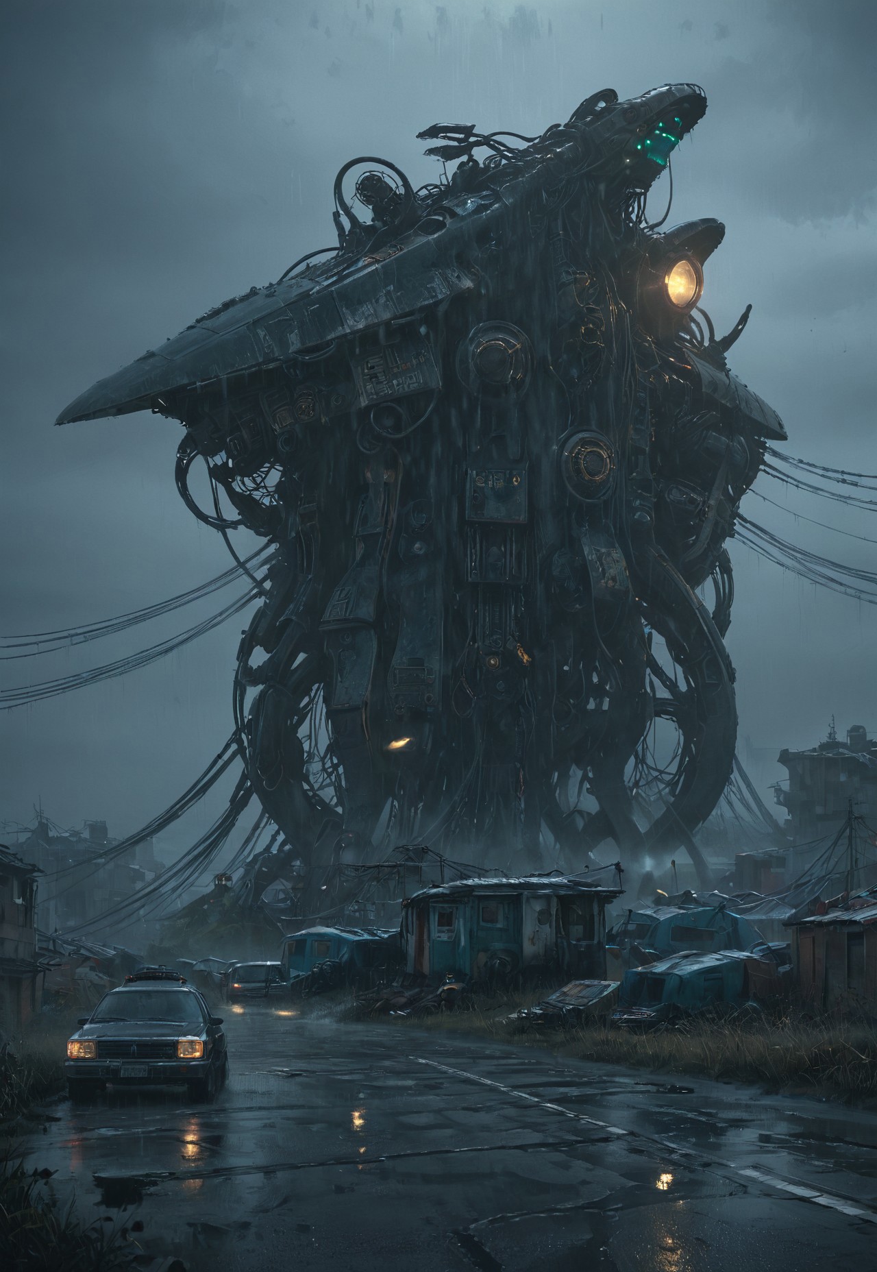 by Peter gric, H.R Giger, Chris Cold, by Florent Desailly, , (((the electric state book by Simon Stalenhag))), , alien race, by Peter gric, H.R Giger, Chris Cold, by Florent Desailly, horror, post apocalyptic, futuristic, post apocalyptic, (stunning, magnificent, HD, photorealistic, dramatic lighting, intricate details, high detailed biomechanical patterns, powerful, cinematic, masterpiece, raining, futuristic, 
 ruin city, ruin vehicles