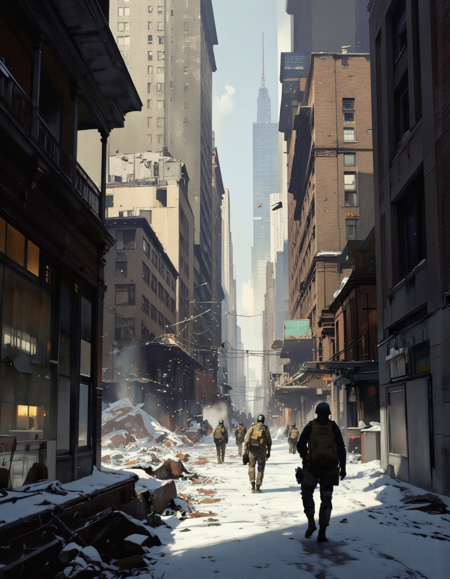 Art by Richard Anderson. A digital illustration shoot from a low angle, about a futuristic cityscape with a group of soldiers walking through a snow-covered alley. the scene is set in an urban environment, with tall buildings and skyscrapers visible in the background. the image also shows a sense of chaos and destruction. on the middle of the image, a few soldiers are walking, all wearing helmets and carrying weapons. they appear to be in a distance from the camera, with their backs to the viewer. the soldiers are positioned in a way that suggests they are on their way to a distant location. the cityscape is filled with debris and broken glass, creating a stark contrast between the bright and cold tones of the scene. the overall atmosphere is cold and desolate, with a focus on the soldiers and their surroundings.