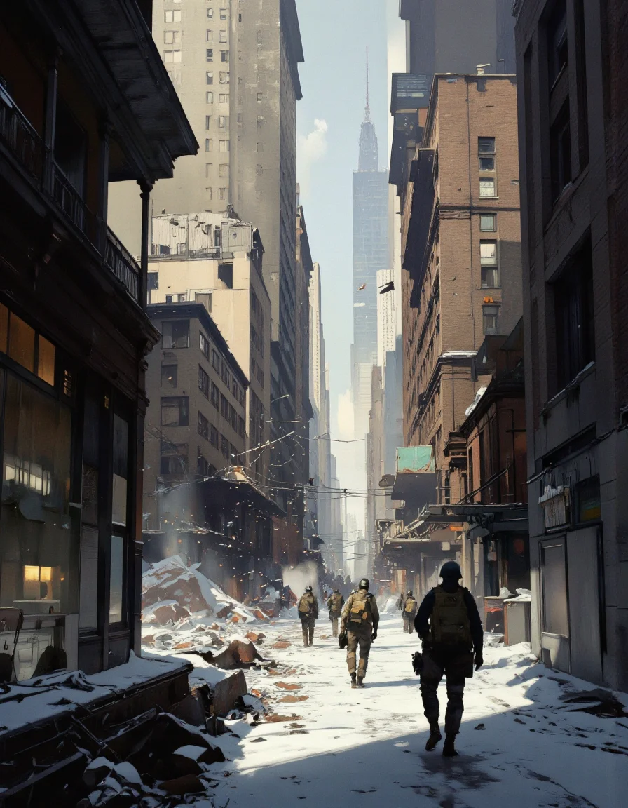 Art by Richard Anderson. A digital illustration shoot from a low angle, about a futuristic cityscape with a group of soldiers walking through a snow-covered alley. the scene is set in an urban environment, with tall buildings and skyscrapers visible in the background. the image also shows a sense of chaos and destruction. on the middle of the image, a few soldiers are walking, all wearing helmets and carrying weapons. they appear to be in a distance from the camera, with their backs to the viewer. the soldiers are positioned in a way that suggests they are on their way to a distant location. the cityscape is filled with debris and broken glass, creating a stark contrast between the bright and cold tones of the scene. the overall atmosphere is cold and desolate, with a focus on the soldiers and their surroundings.