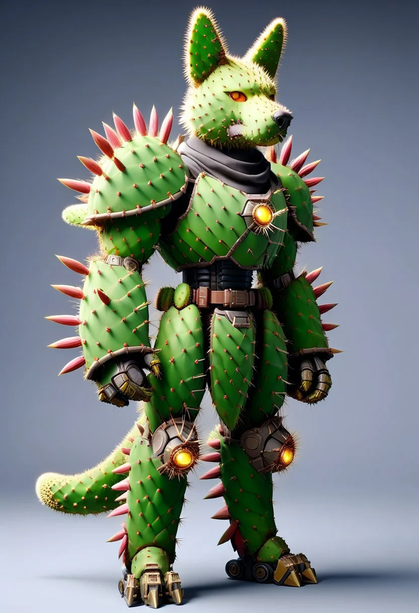 score_9, score_8_up, score_7_up, cs-l3ath3r, NCRender,
Hidegarurumon is a fierce, wolf-like Digimon covered in rugged, dark brown Prickly Cactus armor. Its fur is sparse and resembles a patchwork of aged, Prickly Cactus pieces that provide both flexibility and durability. The armor on its body is reinforced with Prickly Cactus straps and buckles, designed to offer both protection and mobility. Its glowing yellow eyes shine through a mask-like Prickly Cactus faceplate, and sharp Prickly Cactus claws extend from its paws, capable of tearing through most materials. A large, jagged Prickly Cactus tail swishes behind it, hardened to serve as both a weapon and a tool for balance in combat. NCRender