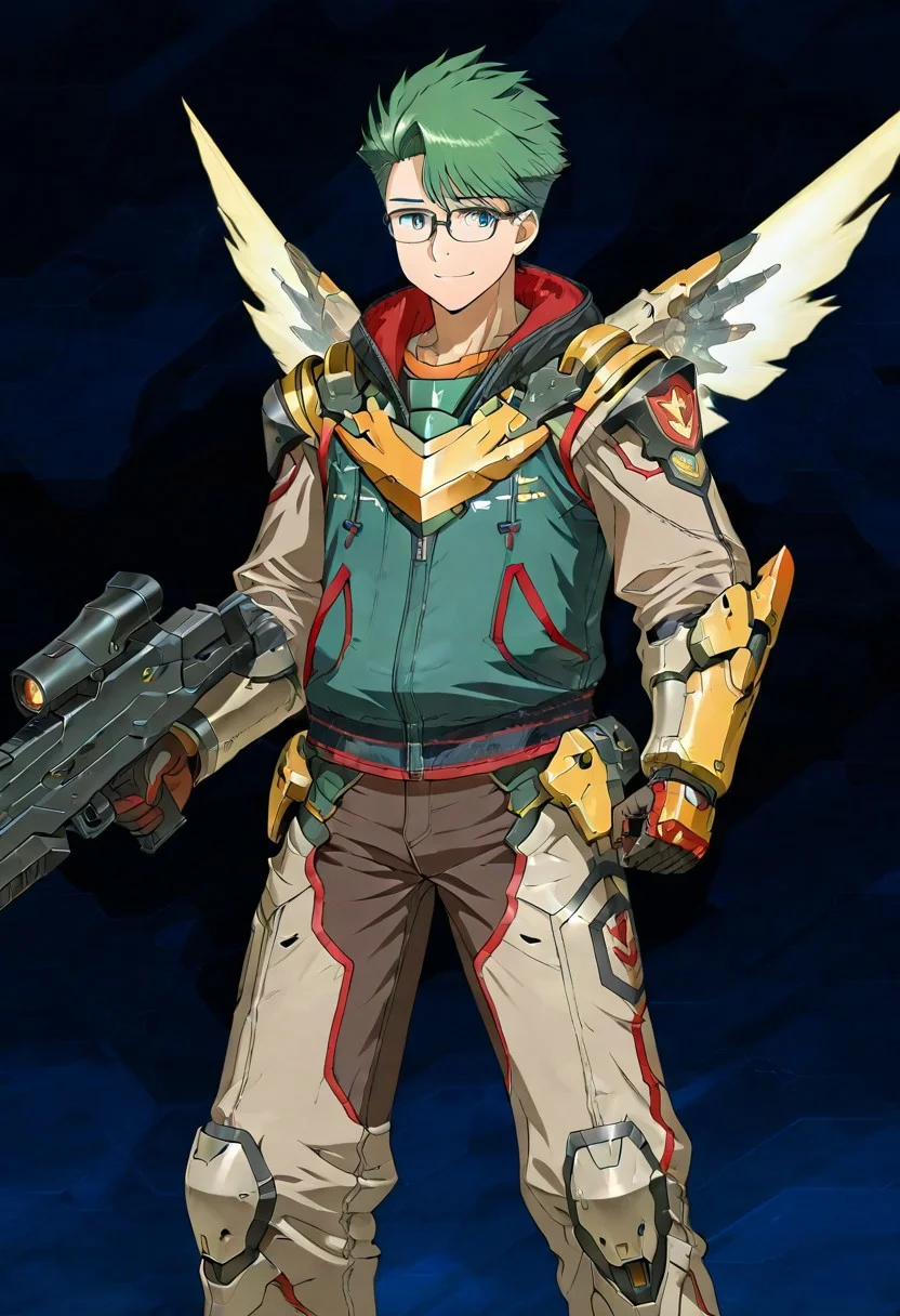 gb4_tao, green hair, short hair, grey eyes, 1boy, solo, male focus, glasses, lean body, wear mecha armor with eagle mecha wings, white mecha armor theme, fly toward the viewer, fight pose, high quality, armaments equipped in the armor, score_9, futuristic city in the background, BREAK, his right hand is holding beam rifle, high quality, best quality, masterpiece, detailed draw,detailed eyes, detailed face