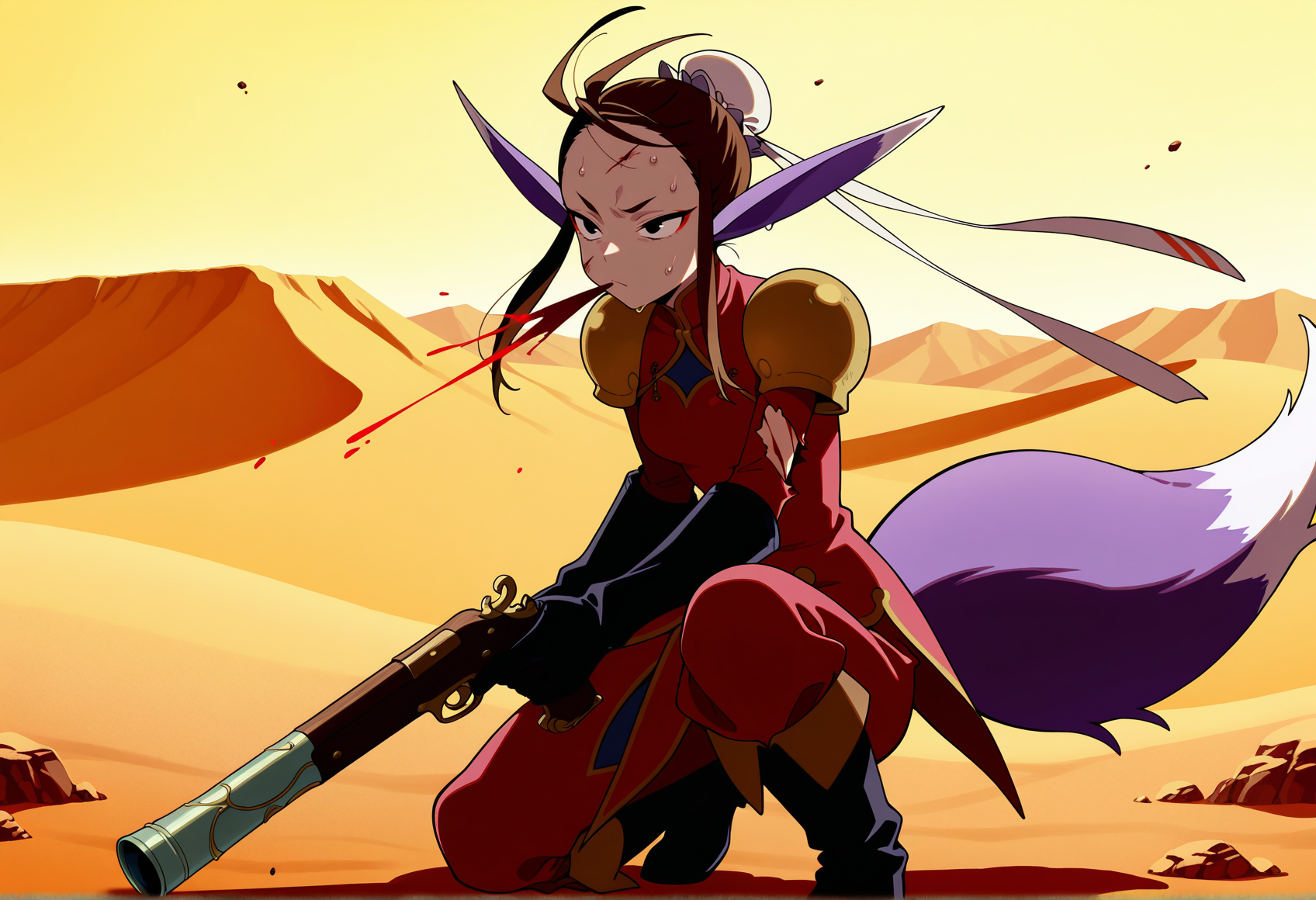 anime screenshot, anime screencap, anime coloring, 1girl, solo, brown hair, black eyes, sidelocks, single hair bun, bun cover, eyeliner, pointy ears, animal ears, fox tail, chinese clothes, shoulder pads, pants, elbow gloves, boots, holding gun,outdoors, desert, sweat, on one knee, spitting blood, injury, serious <lora:ursula_illus_bof:1>, masterpiece, best quality, amazing quality, very aesthetic, absurdres, highres, newest