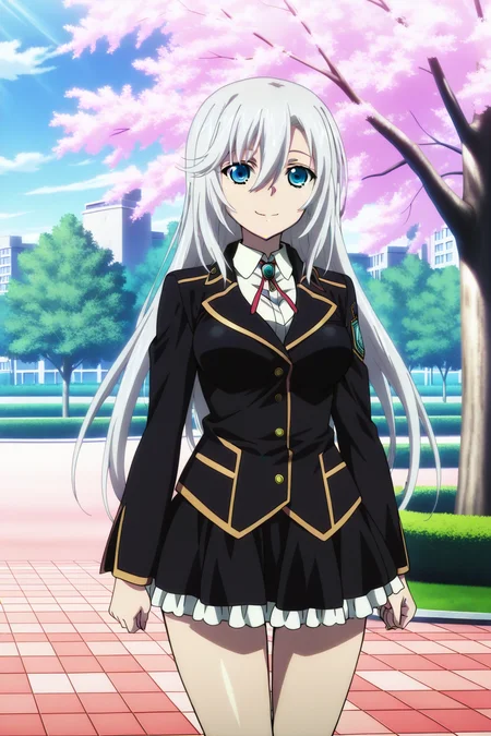 anime screenshot, strike the blood, 1girl, solo, la folia rihavein, grey hair, long hair, hair between eyes, blue eyes, large breasts, school uniform, black jacket, white shirt, collared shirt, long sleeves, jewelry, gem, neck ribbon, red ribbon, black skirt, pleated skirt, frilled skirt, looking at viewer, smile, closed mouth, outdoors, park, cherry blossoms, masterpiece, best quality, high quality, highres, absurdres, <lora:la_folia_rihavein_ILXL:0.9>