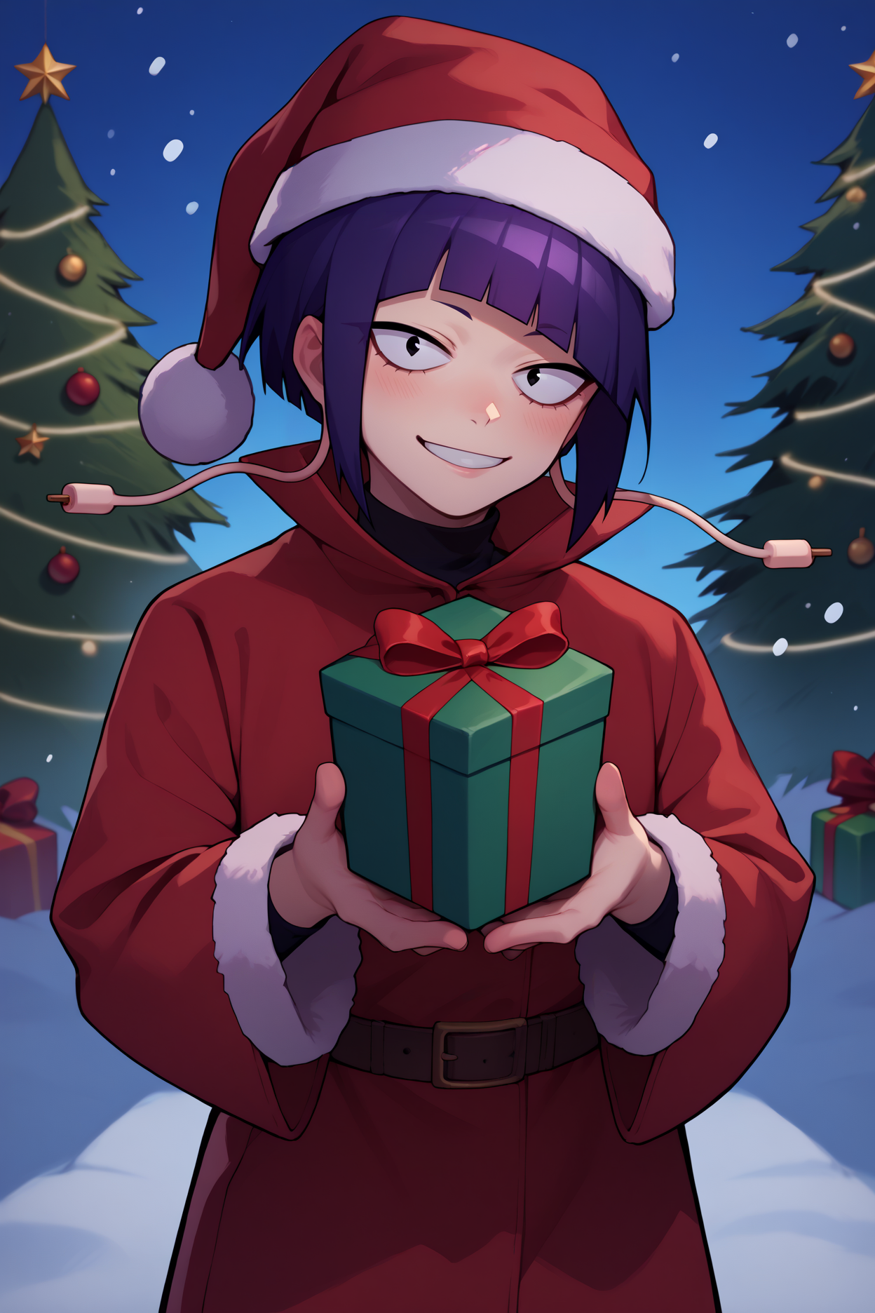 score_9, score_8_up, score_7_up, score_6_up, source_anime, 1girl, solo <lora:kyoukajiro-pdxl-nvwls-v1-000006:1> bnhakj, black hair, purple hair, short hair, blunt bangs, black eyes, audio jack, long earlobes, santa hat, red dress, fur trim, red coat, looking at you, smile, blush, holding gift box, snow, christmas tree