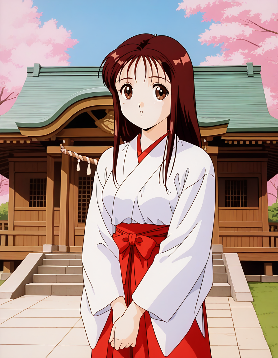 general,highres, ultra-detailed,very aesthetic,best quality ,best hands,  BREAK <lora:Arisa_Seijuden_IS:1> Arisa, 1girl, solo, long hair, bangs, brown hair, red hair, brown eyes, breasts, 1990s \(style\),anime coloring,
japanese white clothes, miko, red hakama, shrine, cherry blossom, kimono,