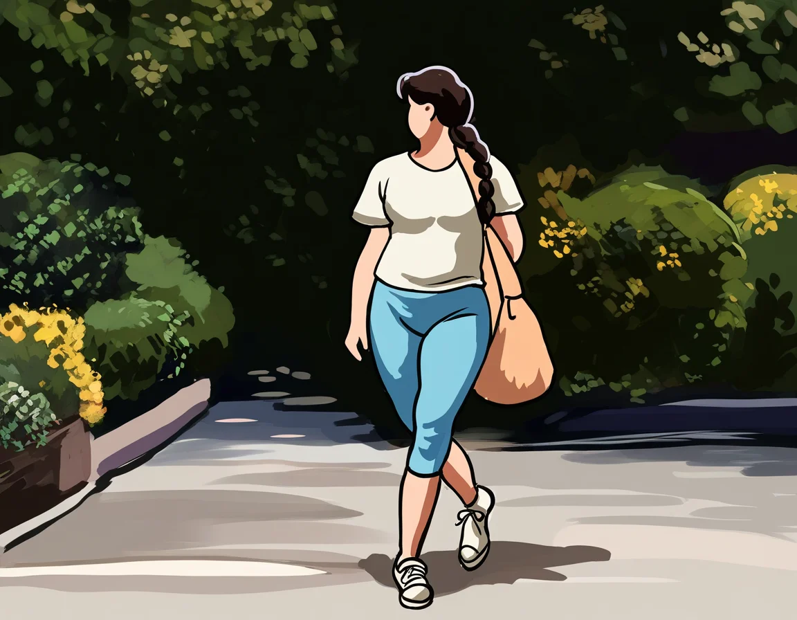 by carl newman, 1girl, t-shirt, capri-pants, sneakers, walking, sidewalk, low-braided-long-hair, from-side, messenger-bag, masterpiece, best quality, newest, absurdres, highres