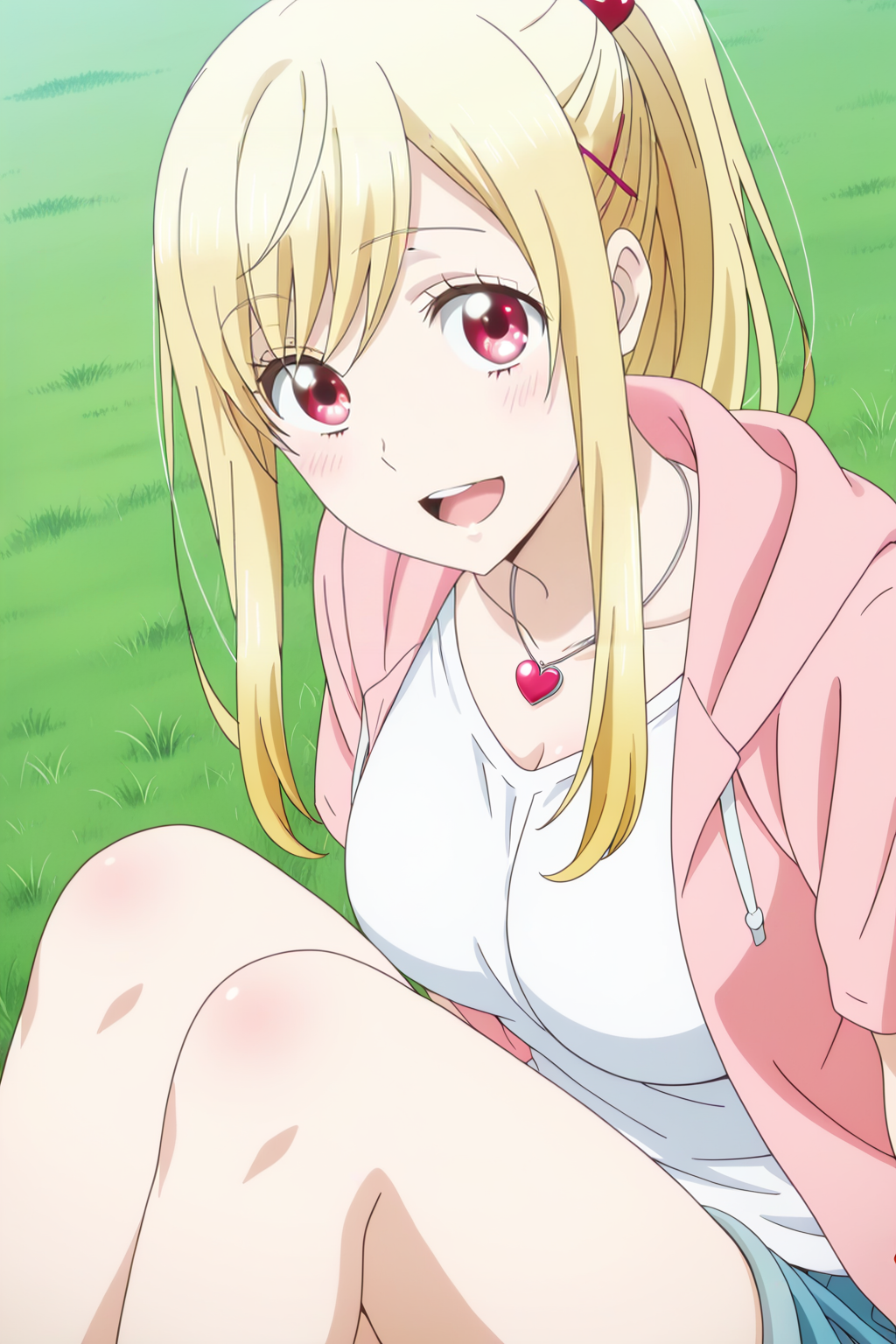 anime screenshot, 1girl, solo, shiraishi urara, blonde hair, long hair, ponytail, heart hair ornament, x hair ornament, red eyes, large breasts, pink jacket, hoodie, open jacket, white shirt, t-shirt, short sleeves, blue short, short shorts, denim shorts, heart necklace, looking at viewer, smile, sitting, knees up, open mouth, grass, on grass, cowboy shot, outdoors, masterpiece, best quality, high quality, highres, absurdres, <lora:shiraishi_urara_ILXL:0.9>