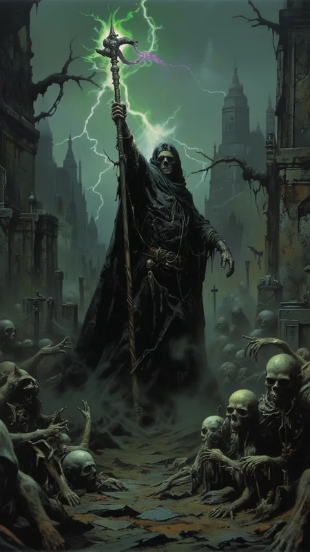 A dark, detailed fantasy scene featuring a powerful necromancer standing in the center of a desolate, ancient graveyard. The necromancer, cloaked in tattered black robes, raises a glowing staff made of bone, surrounded by swirling green and purple energy. His skeletal face is partially hidden beneath a hood, and his glowing eyes radiate dark magic. The ground beneath him is cracked, with undead skeletons and zombies emerging from the earth at his command. The sky above is stormy, with flashes of eerie lightning illuminating the graveyardâs crumbling tombstones and twisted, dead trees. The scene is filled with a sense of dark power, decay, and the ominous presence of the undead.<lora:dark_fantasy_flux:0.7> <lora:detailed:0.7> <lora:sxz-Dark-Fantasy-v2-Flux:0.7> <lora:frazetta_flux_v2:0.6> <lora:Dark_Landscapes:0.5> <lora:ILLUSTRATION_2_FLUX:0.6>