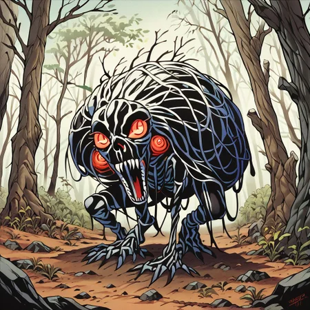 score_9, score_8_up, score_7_up,score_6_up, score_5_up, score_4_up,source_anime,retro artstyle,halftone effect,epic,intricate linework,no humans,creature focus,a black furred barghest with glowing red eyes skulking in the woods,full body,outdoors,forest,horror