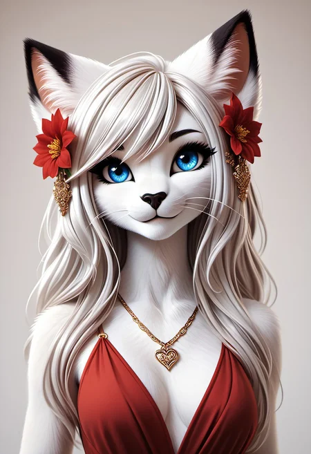 masterpiece, score_9_up, score_8_up, score_7_up, score_6_up, source_furry, (best quality:1.1), ultra-detailed, high resolution, solo, highly detailed macro illustration, solo, 1girl, Nikita, anthro cat, feline, female, white fur, long white hair, hair over one eye, blue eyes, long eyelashes, black eyebrows, black animal nose, whiskers, :3, closed mouth, fluffy ears, fluff in ears, black ear tips, breasts, looking at the viewer, red dress, gold necklace, jewelry, red flowers in hair, portrait, upper body, detailed facial features, abstract background, simple background, highly visible, sharp focus, anatomically correct