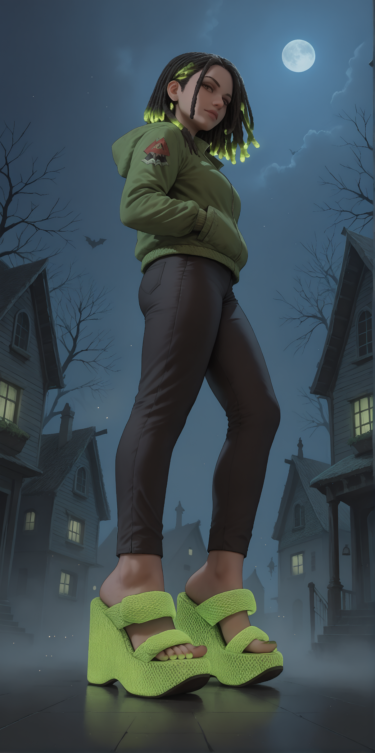 score_9, score_8_up, score_7_up, score_6_up, realistic,
wide angle, standing, low angle, foot focus, from side,
standing,
(glowing neon footwear:1.1),
(glowing neon hair:1.15),
1girl, leather pants, green short jacket, black and green hair, dreadlocks, 
ï»¿(ï»¿m3sh heels), platform footwear,
halloween scene, fog, haunted house, night,
green toenail polish,
embedding:zPDXLrl ,
embedding:zPDXL2 ,