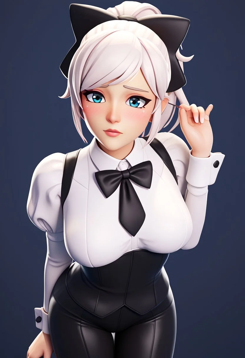 score_9, score_8_up, score_7_up, score_6_up, score_5_up, score_4_up, source_cartoon, <lora:confetti-extract- ponyxl:0.85>, detailed eyes, easynegative, rating_explicit, Expressiveh, 1girl, solo,
Geraldine, shirt, long sleeves, white shirt, white hair, ponytail, sidelocks, thighs, hair bow, collared shirt, pants, puffy sleeves, bowtie, black eyes,  wrist cuffs, black bow, dress shirt, swept bangs, black pants,  high ponytail, juliet sleeves,  black bowtie,  sleeve cuffs, traditional bowtie, necktie, big breasts, blush, shy, 3d