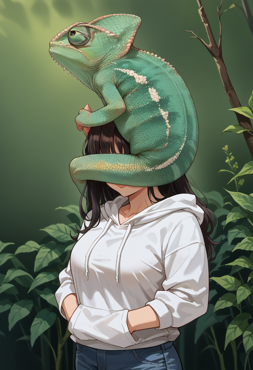 score_9, score_8_up, source_anime, face hug, on shoulders, shoulder carry, carrying, arms on head, <lora:ChamFaceHugPonyXL:0.55>,
BREAK chameleon, lizard, back spikes, feral, scales, <lora:ChamChameleonPonyXL:1>,
BREAK black hair, long hair, thighs, mature female, white hoodie, shorts, thighhighs,