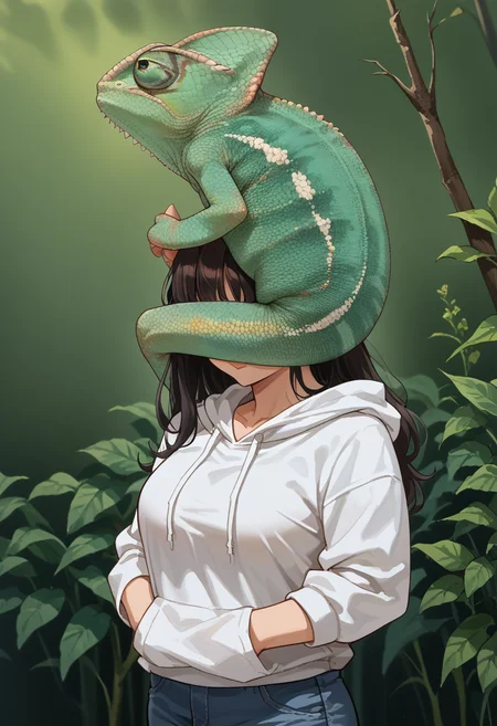 score_9, score_8_up, source_anime, face hug, on shoulders, shoulder carry, carrying, arms on head, <lora:ChamFaceHugPonyXL:0.55>,
BREAK chameleon, lizard, back spikes, feral, scales, <lora:ChamChameleonPonyXL:1>,
BREAK black hair, long hair, thighs, mature female, white hoodie, shorts, thighhighs,