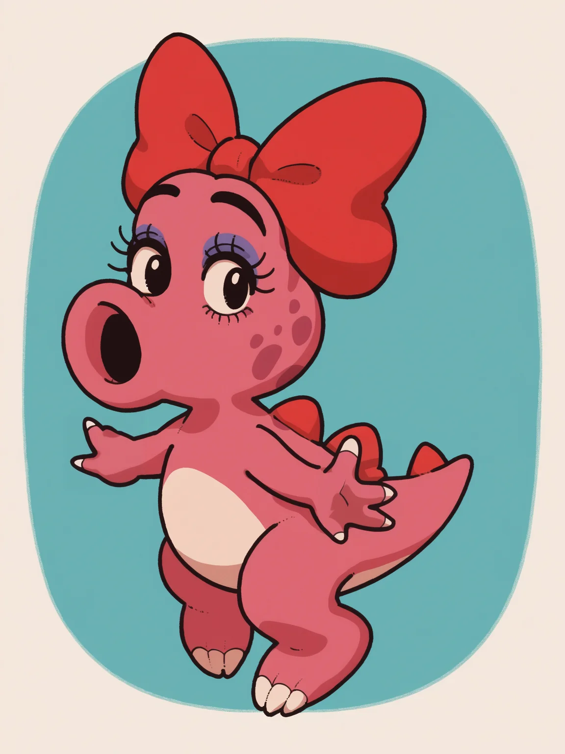 in yoshidanatsumi artstyle, eyelashes, red bow, pink skin, dinosaur, open mouth, solo, no humans, full body, hair bow, black eyes, makeup, looking at viewer, score_9, score_8_up, score_7_up, score_6_up, <lora:BirdoPony1.0:0.75>, <lora:Natsumi_Yoshida_Style_LoRA_Pony-000007:1>