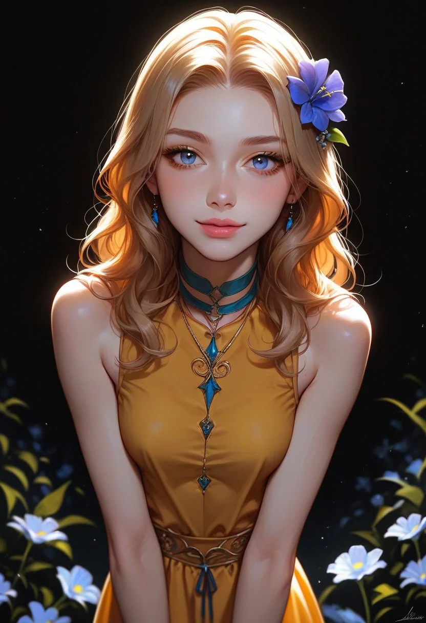 score_9_up, score_9, score_8_up, score_8, score_7_up, score_7, cinematic lighting, raw, high quality, 4k resolution, absurdres, masterpiece, dynamic lighting, high contrast, morimee_style, 3/4 shot, cowboy shot, warm smile, looking down,
BREAK
1girl, 25 years old, perfect face, sexy, (adult:1.2), detailed face, portrait, clevage focus, depth of field, looking at viewer, blush, shy smile, bending forward, squeezing breasts together, close up, blue eyes, yellow eyeliner, yellow hair, long hair, straight hair, blue flower, hair flower, blue choker, yellow dress, layered dress, skirt under dress, garden, sky, sleeveless
BREAK
afternoon sun,, shy, dark background, perfect lighting,
