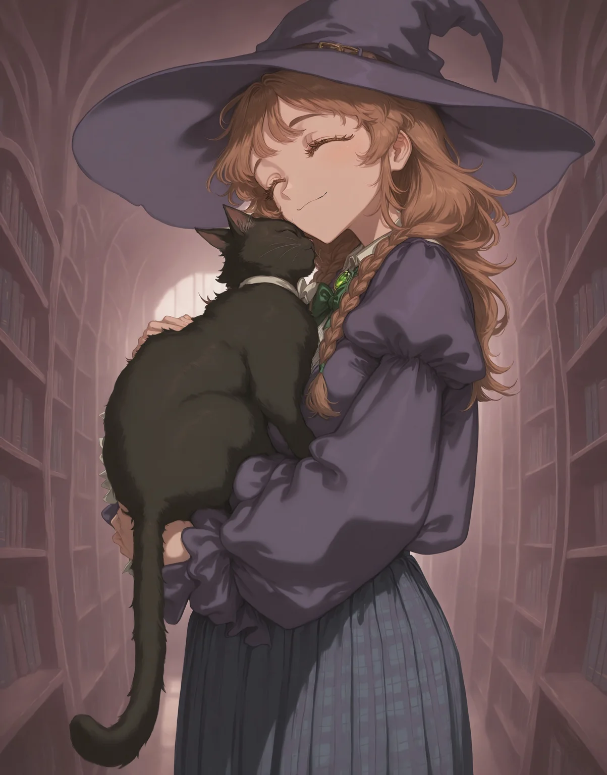 masterpiece, best quality, very aesthetic, extremely detailed, newest, 1girl, witch hat, brown hair, long hair, side braids, brown eyes, beautiful eyes, brown eyelashes, medium breasts, juliet sleeves, frilled cuffs, bowtie, white collared shirt, pleated skirt, plaid skirt, standing, holding cat, eyes closed, happy, indoors, library, dynamic lighting, film grain, depth of field,