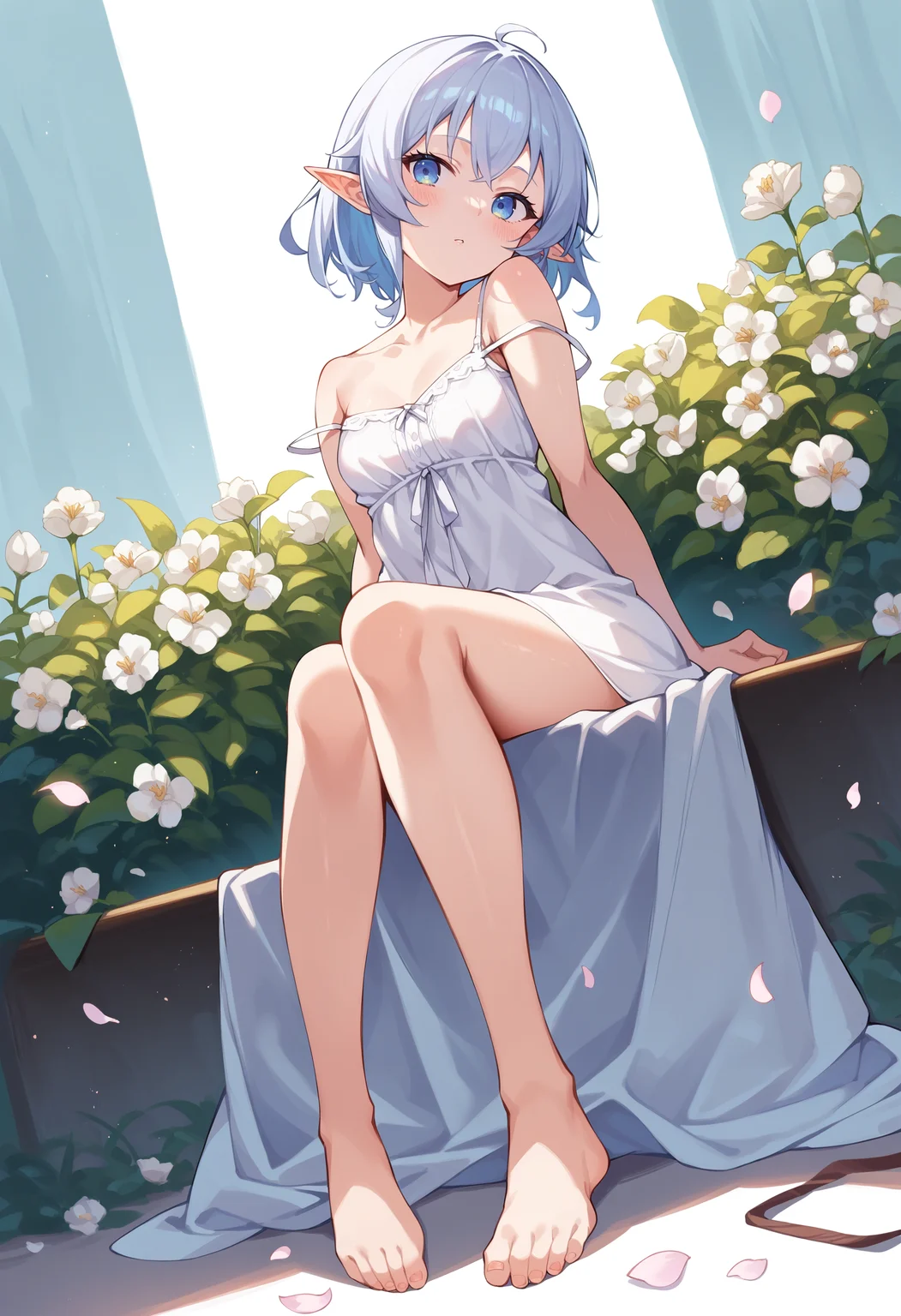 score_9, score_8_up, score_7_up, score_6_up, source anime,
eihplyspnxl, sylphiette \(mushoku tensei\), 1girl, pointy ears, solo, flower, looking at viewer, elf, sitting, short hair, small breasts, strap slip, white flower, parted lips, white camisole, seiza, bare shoulders, petals, blush, bottomless, full body, from below
, masterpeice, best quality, very aesthetic, absurdres