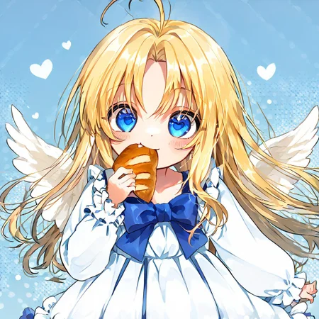 score_9, score_8_up, score_8, score_7_up,
1girl, solo, AEFilo, blue eyes, blonde hair, ahoge, long hair, white wings, blue bowtie, white dress, frilled dress, frilled sleeves, long sleeves, barefoot, polka dots background, smile, eating, bread, loaf, eating, close shot, cute girl, looking at viewer,
cute, kawaii, hearts,
