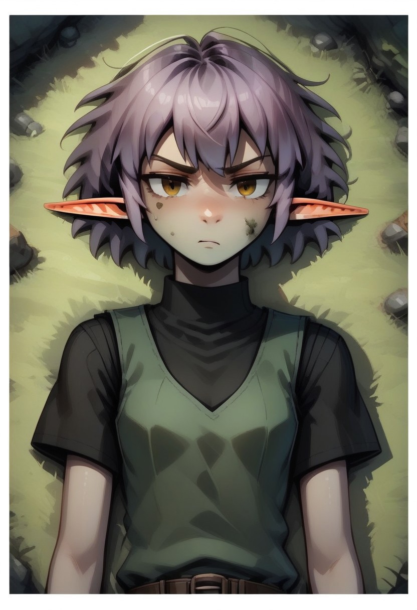 Parnea, 1 person, solo, pointy ears, short hair, hazel eyes, lilac hair, green vest, black undershirt, turtleneck collar,
Laying on back, dirty clothes, knocked down, annoyed,
organic cavern background,
Medieval style, 
Smooth colors, clean lines, high quality, best quality, masterpiece, 3/4 view, score: 9, score: 8 up, rating: safe, source: semi-realistic,