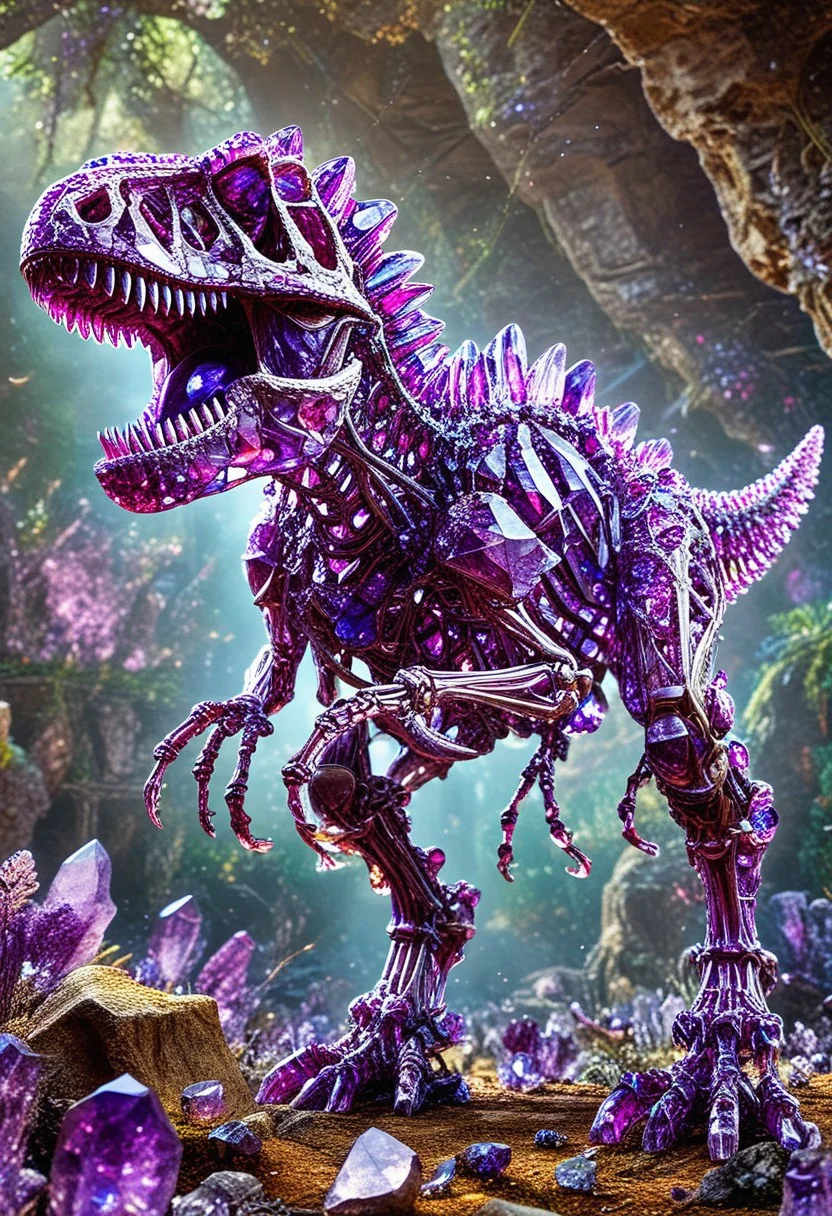 made of sparkling amethyst crystals, core_9, score_8_up, score_7_up, score_6_up, score_5_up, score_4_up score_9,score_8_up, a Shiny Amethyst tyrannosaurus Skeleton facing its right